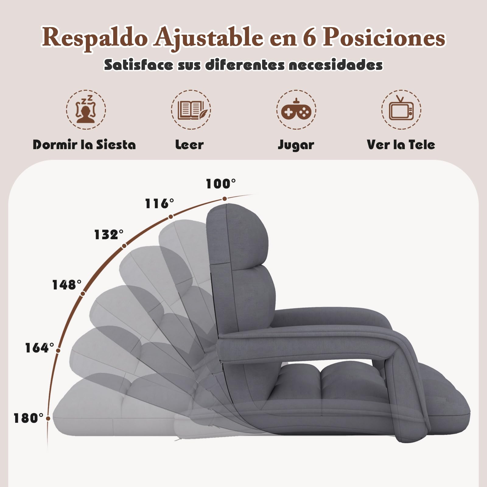 GOPLUS Silla de Suelo Plegable, Sillón con Respaldo Ajustable en 6 Posiciones y Reposabrazos, Sofá de Suelo de Meditación, Lectura para Dormitorio, Salón, Carga 150 KG, Gris