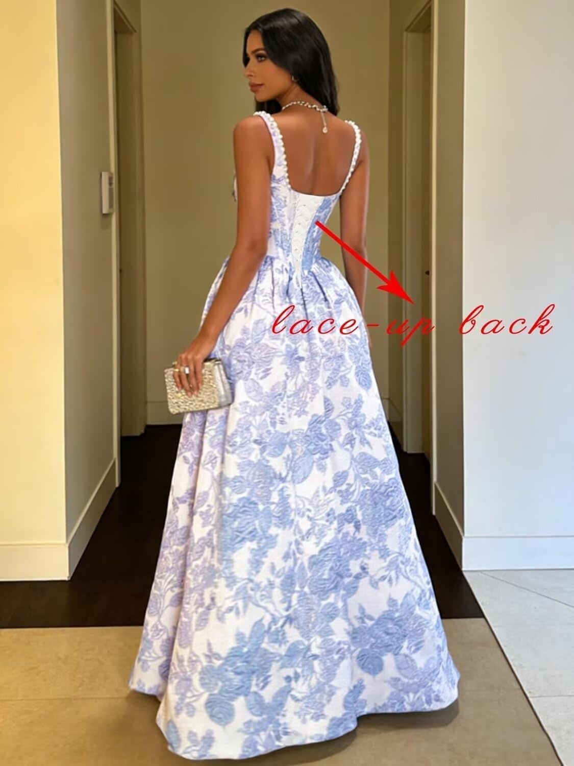 Ouyisha Floral Satin Prom Dress Pearl A Line Jacquard Corset Long Ball Gown for Teens with Pockets 2026 - Image 5