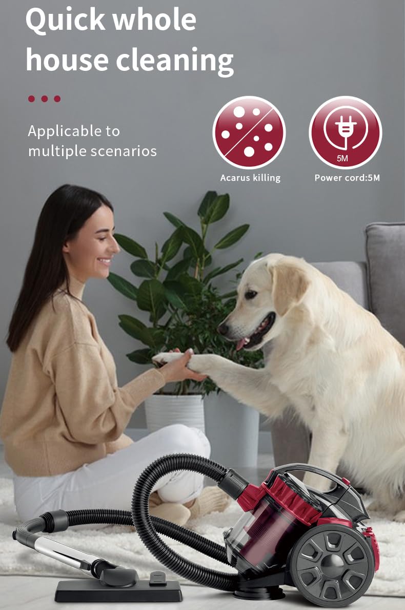 Aspirapolvere a cilindro senza sacco con motore da 2600 W, filtro HEPA a 4 stadi, capacità 1,5 l, cavo da 5 m, accessorio turbo per peli di animali domestici.
