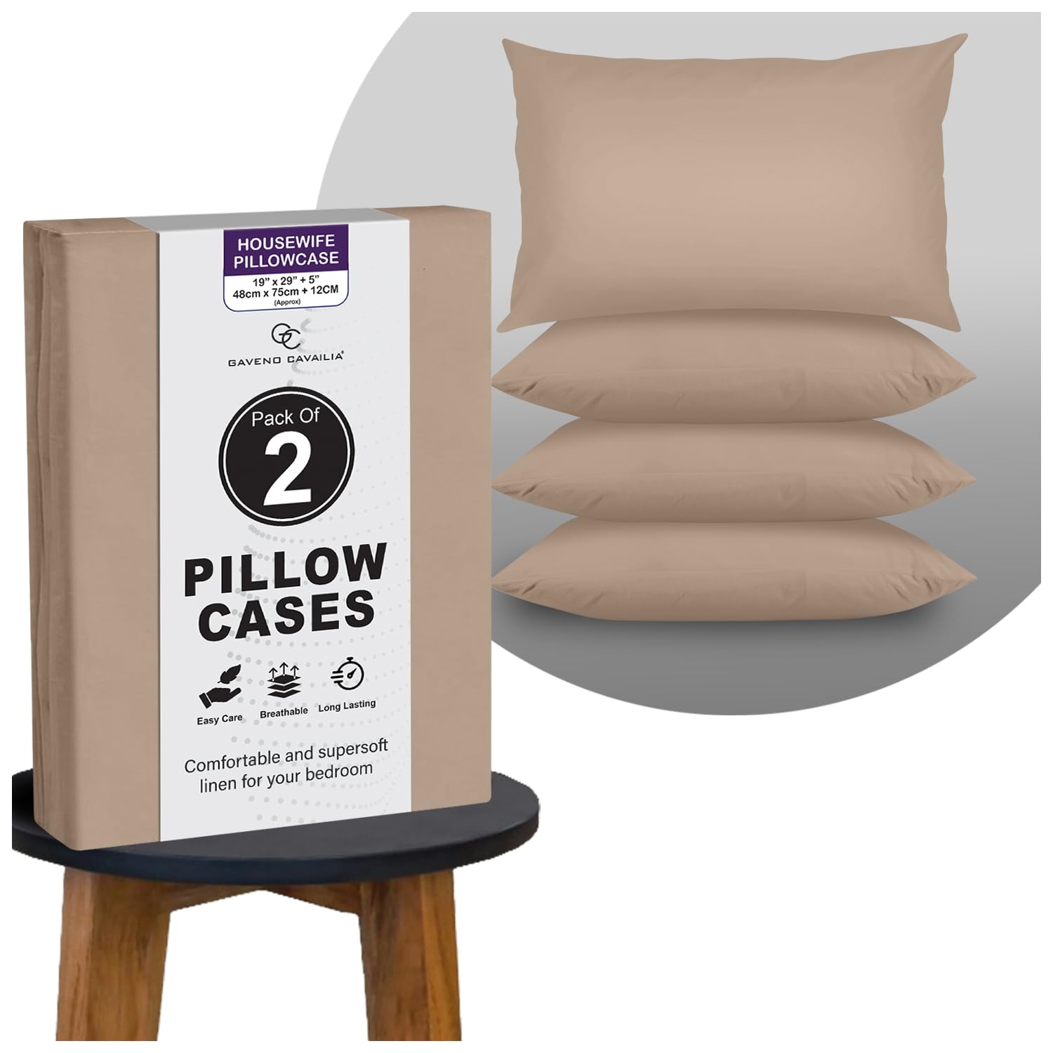 GC GAVENO CAVAILIA Plain Pillow Cases 2 Pack | Breathable, Wrinkle, Soft Touch Polycotton Bedding Pillowcases | Hotel Quality Hypoallergenic Pillow Covers Envelope Closure 74x48 Cm, Natural — image 1