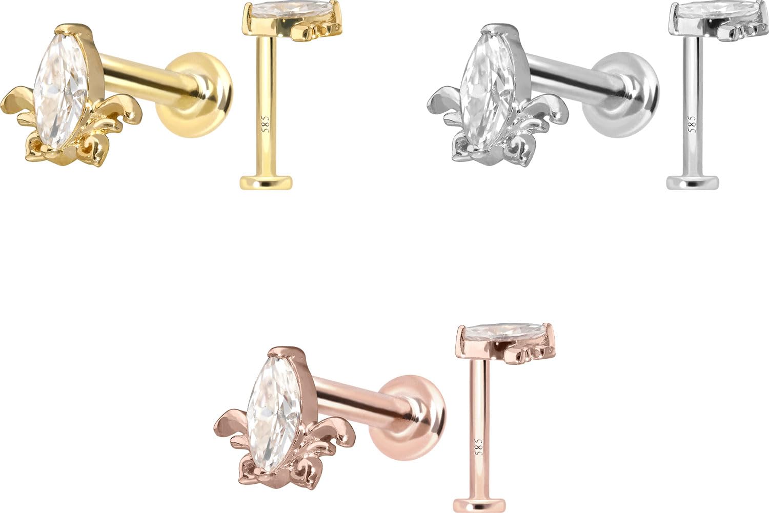 PIERCINGLINE Piercing Stecker 14 Gold Labret mit Innengewinde MOISSANIT-LOTUSBLÜTE 585er Gold - Roségoldfarben, Goldfarben, Silberfarben