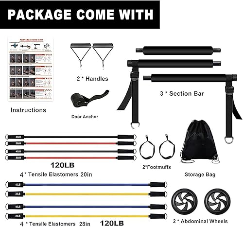 Miniatura 7 de Pilates bar kit Multiple Fitness bar with Resistance Bands, Ab Rollers.Core Strength Training Equipment. Squat Machine for Men and Women.Portable