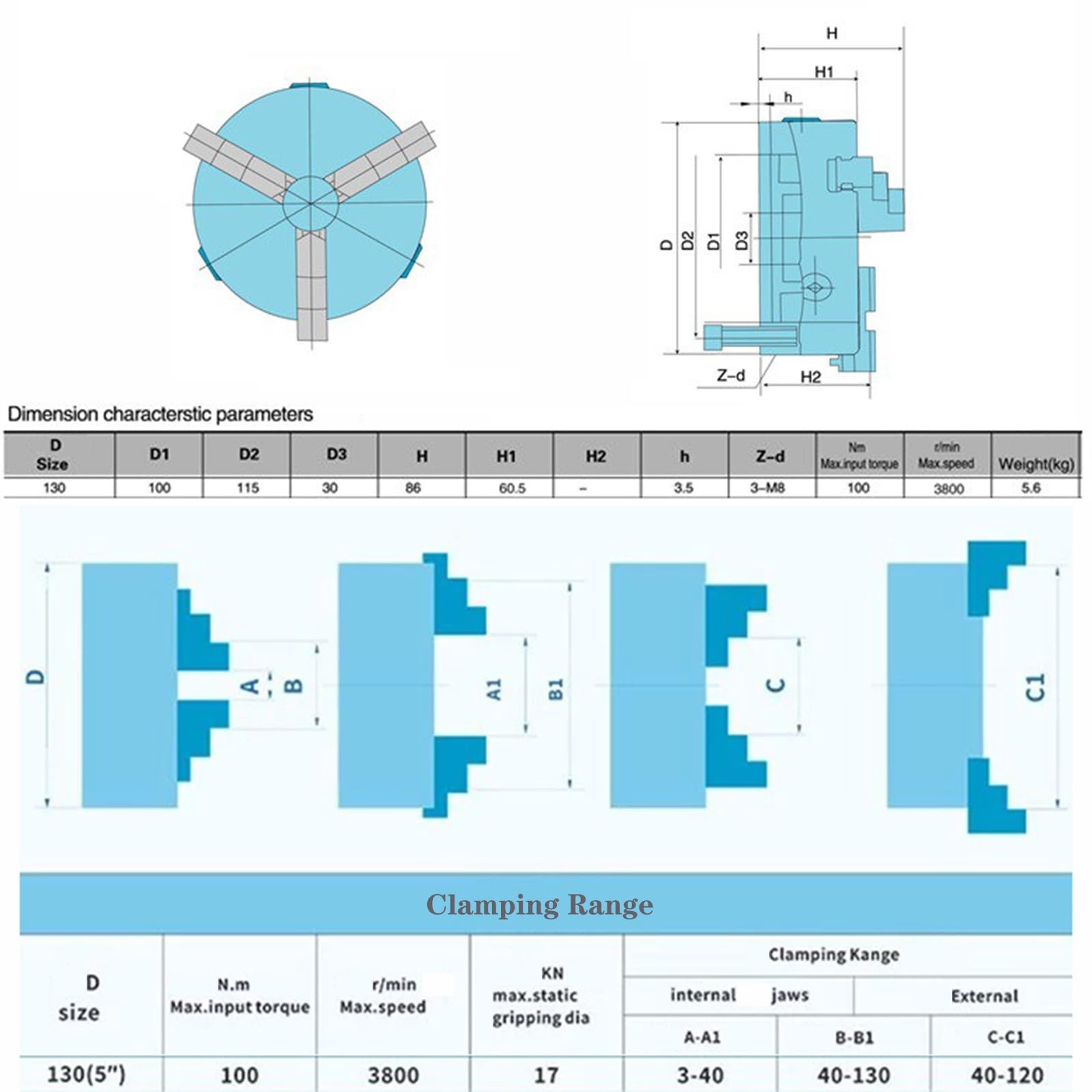 Plato De Torno Autocentrante 3 Mordazas K11-130 Con Mordazas Inversas Y Pernos 3-M8, Precisión 0,03mm, Para Tornos, Fresadoras Y Centros De Mecanizado CNC
