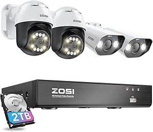 ZOSI 4K PoE Security Camera System with AI Face Person Vehicle Detection, 8CH NVR (16CH Expandable) with 4 x 5MP 3K Outdoor PT Bullet Cameras, 2-Way Talk, 5X Digital Zoom, 2TB HDD for 24/7 Recording asin的图片