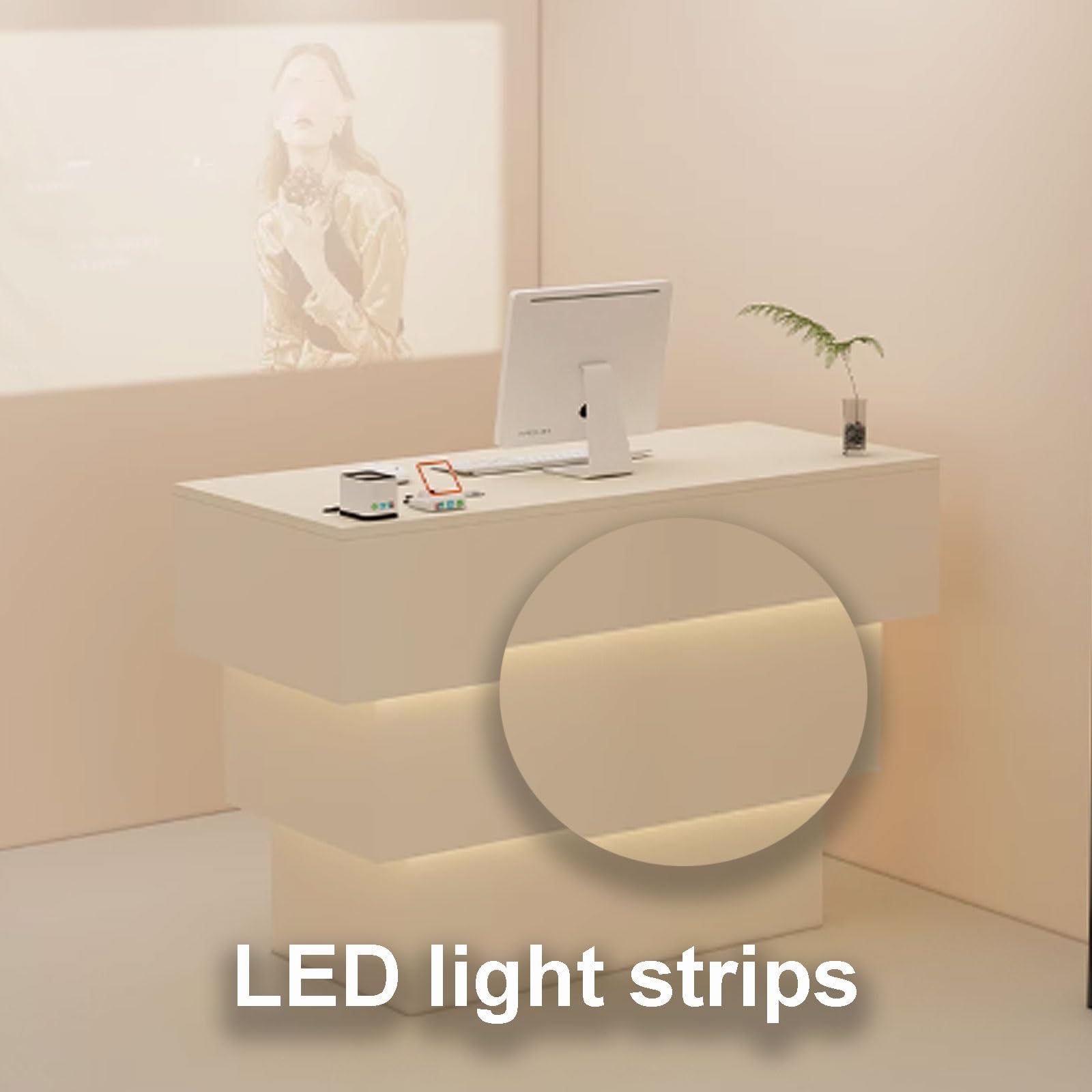 Elegante scrivania per reception con luce ambientale morbida per negozi di abbigliamento e ristoranti, moderno bancone anteriore bianco e nero, 110 x 50 x 90 cm, design elegante e funzionale