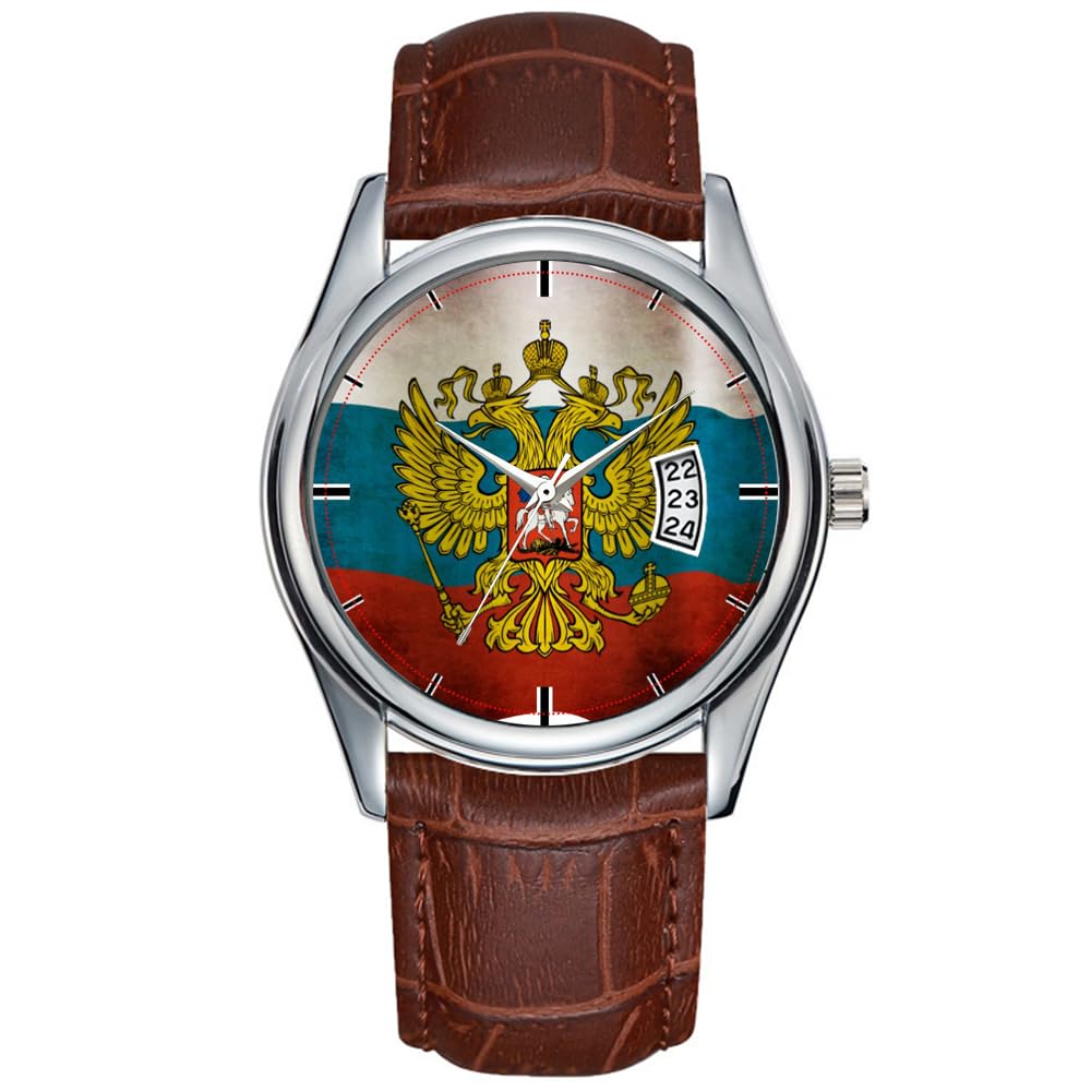 Orologio da uomo casual impermeabile al quarzo orologio data classico business marrone pelle orologio da polso Natale sventolando bandiera della Russia orologi da polso, Marrone, Commerciale