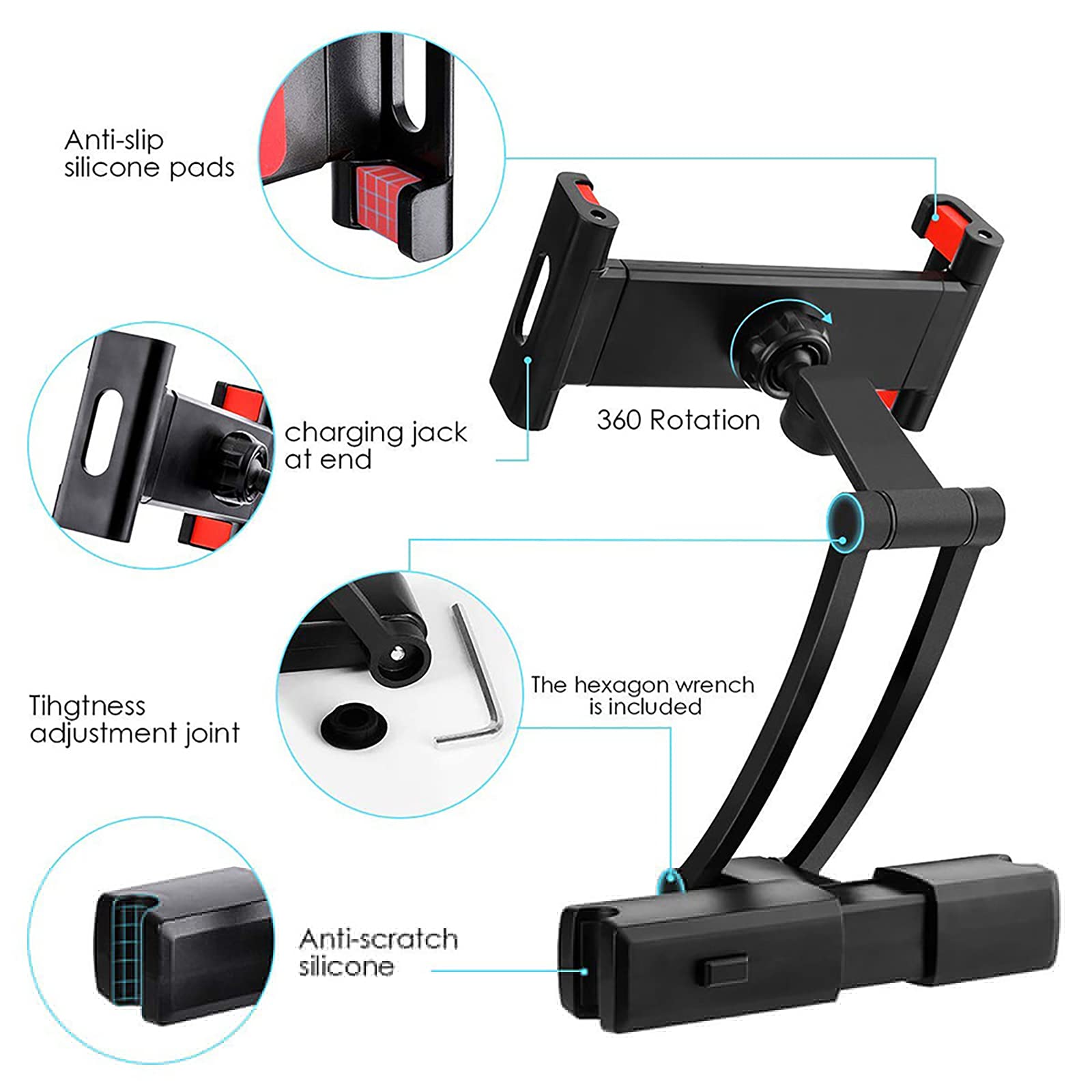 RSGK Supporto per Tablet per Auto, Supporto Regolabile a 360°, Supporto per Tablet per Seggiolino Auto, Compatibile con Tablet da 5-12,9", Telefoni Cellulari E Altri Dispositivi