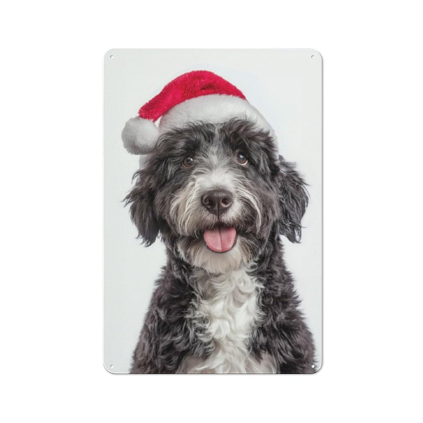 Junmoney Portuguese Water Dog With Santa Hat Portrait Rustic Metal Sign 30X20cm For Kitchen Or Home Bar, Gift For Kitchen Decor Lovers During The Christmas Season