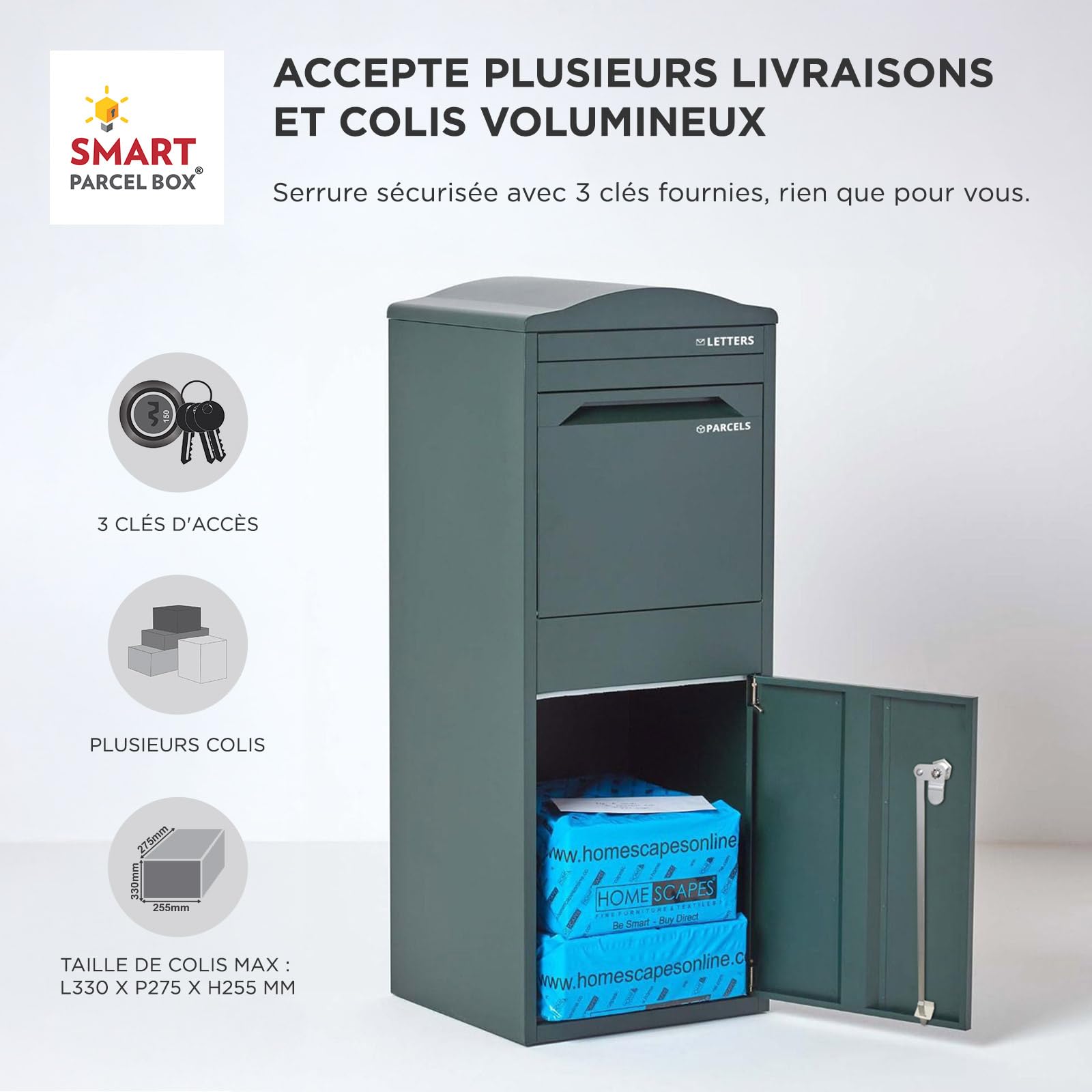 SMART PARCEL BOX Boite aux Lettres sur Pied, Boite à Colis extérieur, Acier galvanisé, Large, Serrure 3 clés, Vert foncé, 41.5 x 38.5 x 104 cm