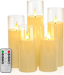 Vanrener Acrylic Flameless Candles, Battery Operated Candles, Flickering LED Pillar Candles with Remote Control and Timer, 3D Wick, Ivory White, Set of 5