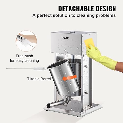 Miniatura 6 de VEVOR 304 Vertical Eléctrica Velocidad Ajustable Acero Inoxidable Heavy Duty Salchicha Llenadora de carne, 22LBS10L Capacidad, Plata