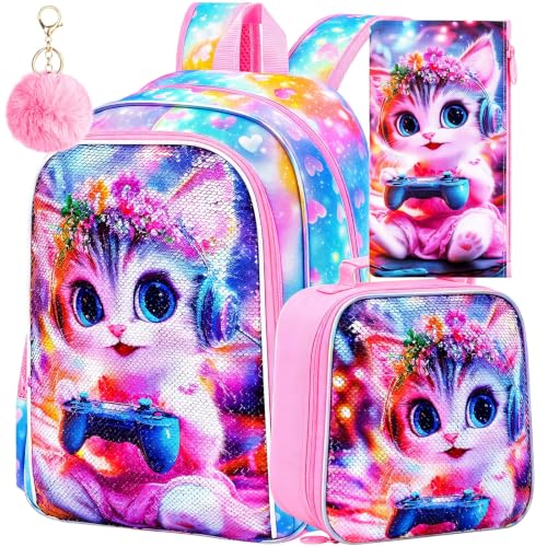 Image of CCJPX 3Pcs Cat Backpack for Girls, 16 inch Kids Sequin Bookbag with Lunch Box, Cute Water Resistant Schoolbag for Preschool Kindergarten Toddler(Pink)