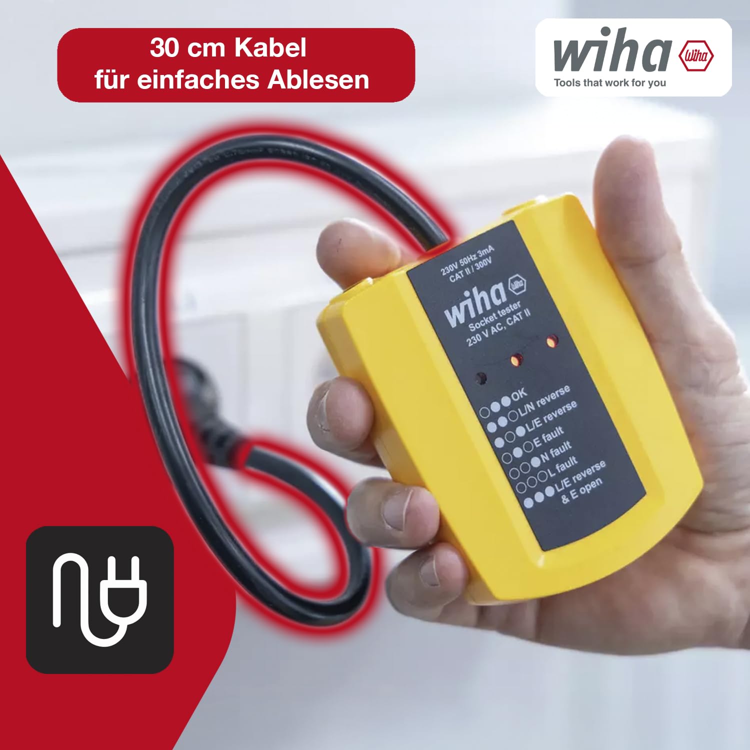Wiha Steckdosentester 230 V AC, CAT II inkl. 2x AAA-Batterien I mit flexiblem Kabel I LED-Anzeige (45220)