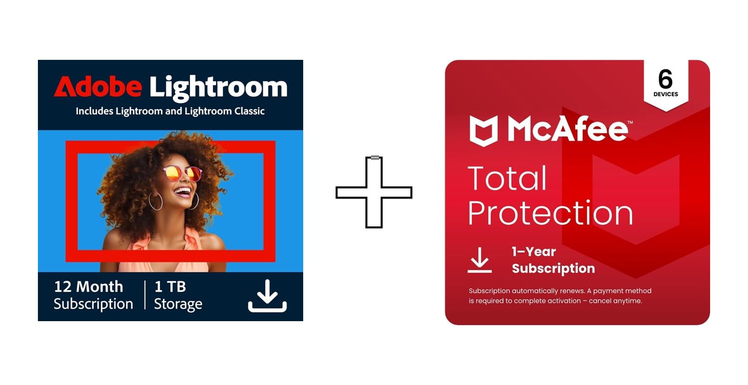 Adobe Lightroom with Lightroom Classic 1 TB & McAfee Total Protection 2025 |6 Devices | 12 Months | Digital download