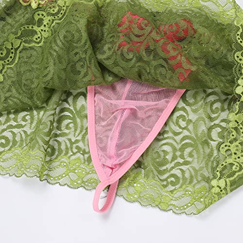 Abafip Mens Lace Underwear Sissy Skirted Panties Frilly Trim Crossdressing Lingerie Mesh Sheer G-String Thongs Bikini Briefs Girly Underpants Green One Size #TOP3