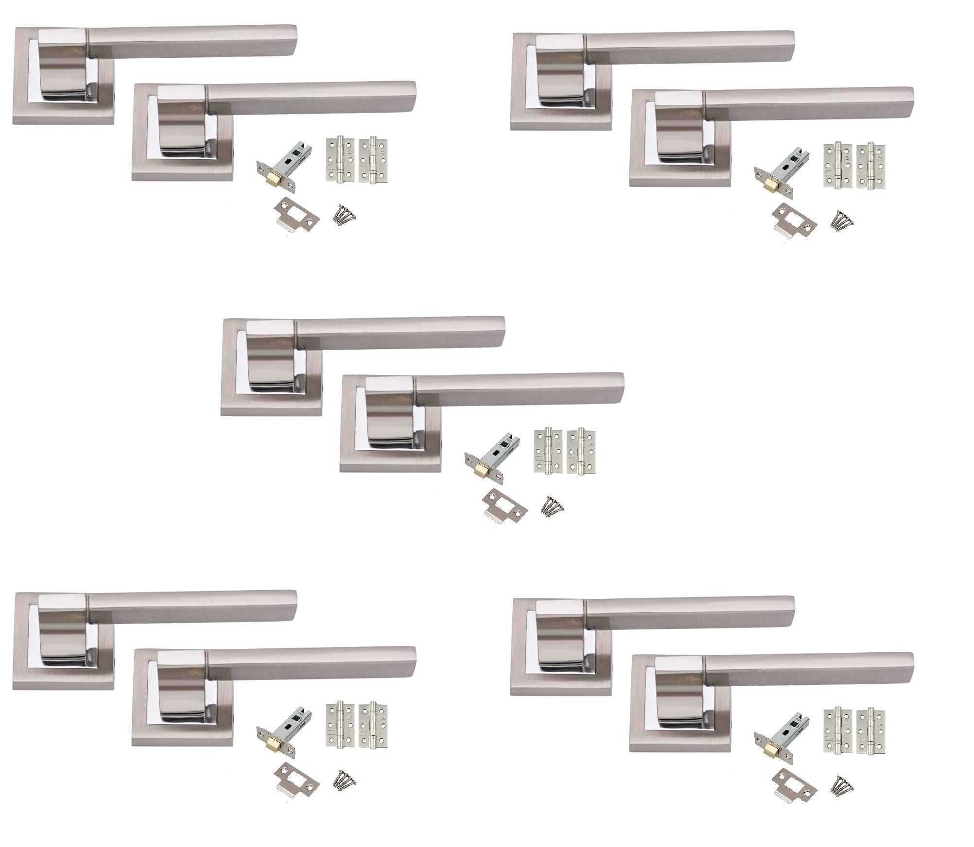 Golden Grace 723SSK Aztec Door Handles Lever Latch on Square Rose in Duo Finish with Ball Bearing Hinges & 64mm Tubular Latch - 5 Sets