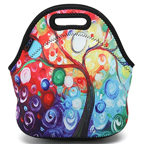 ICOLOR Colorful Tree Insulated Neoprene Lunch Bag Tote Handbag lunchbox Food Container Gourmet Tote Cooler warm Pouch For School work Office