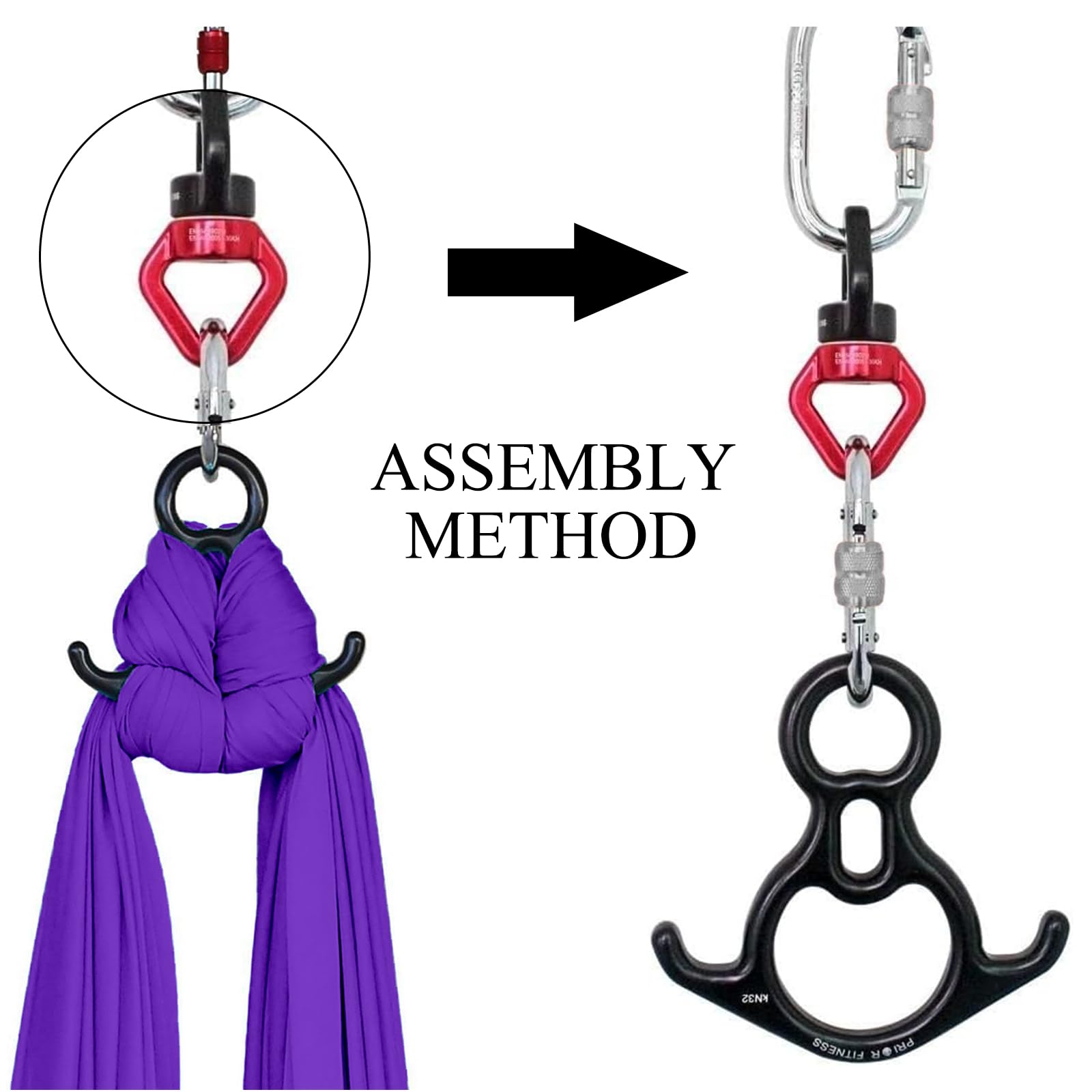 PRIOR FITNESS Matériel de soie aérienne (ensemble professionnel de luxe), accessoires en soie aérienne, kit de quincaillerie en soie aérienne comprenant 1 descendeur 8, 1 émerillon, 2 mousquetons en