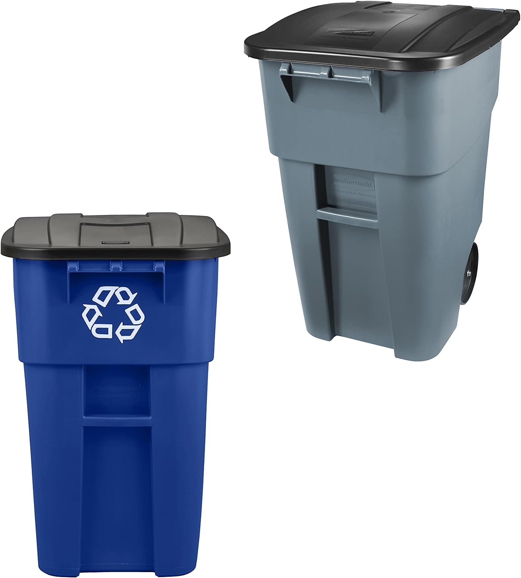 Rubbermaid Commercial Products BRUTE 2-Pack Rollout Trash/Garbage Can Wih Wheels, 50 GAL, Gray and Blue Recycling, for Offices/Back of House/Home