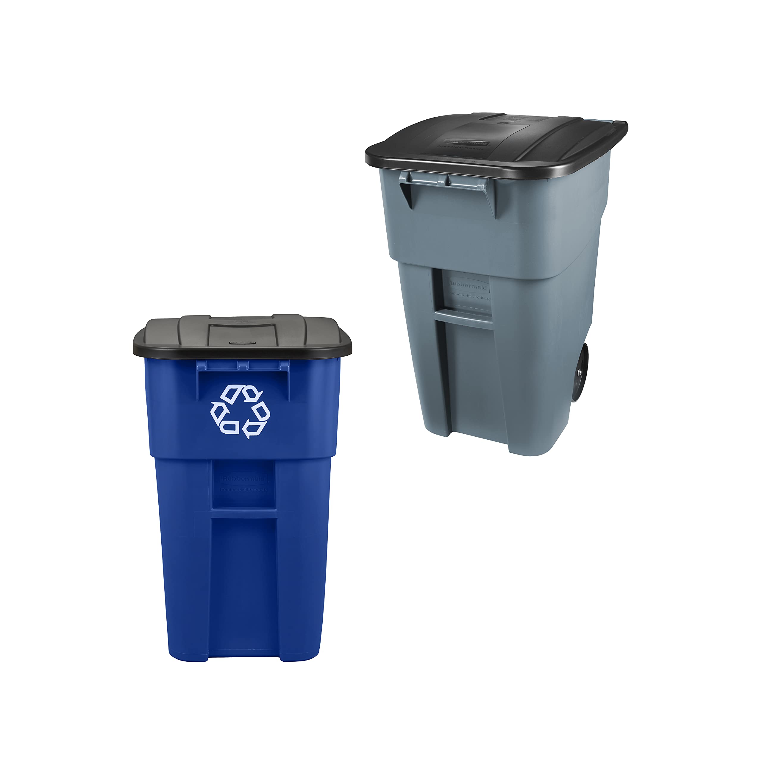 Rubbermaid Commercial Products BRUTE 2-Pack Rollout Trash/Garbage Can Wih Wheels, 50 GAL, Gray and Blue Recycling, for Offices/Back of House/Home