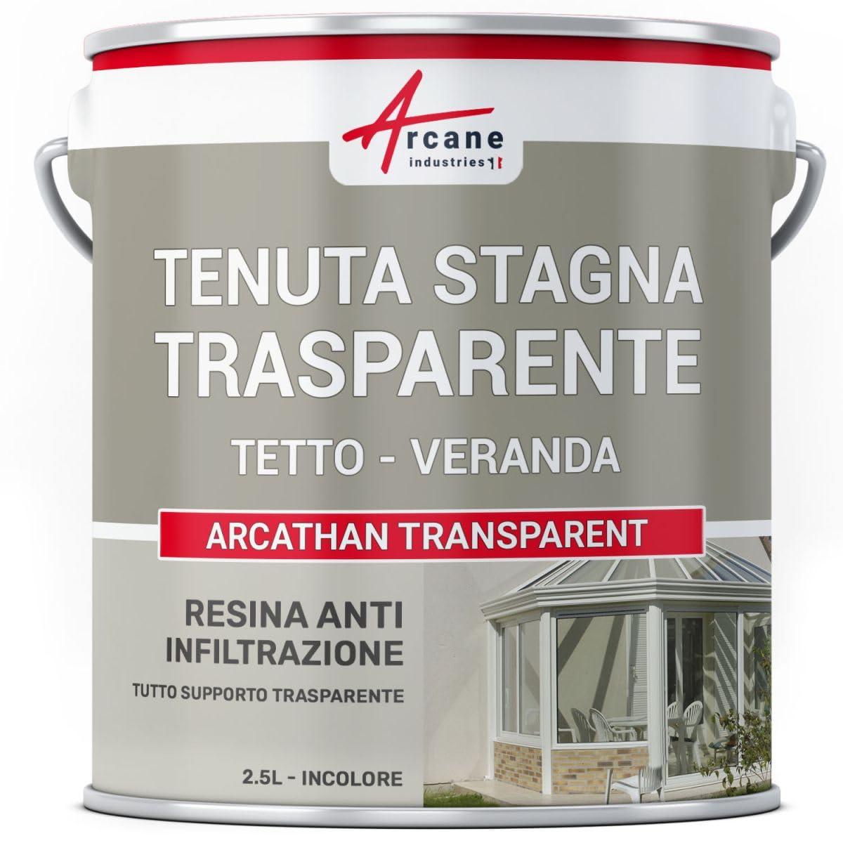 Impermeabilizzazione Trasparente Veranda, Tegole, Vetro - ARCATHAN 2,5 L | Resina Impermeabilizzante Trasparente, Tetti, Vetro, Policarbonato, Non Ingiallisce, Lascia Respirare - Arcane Industries