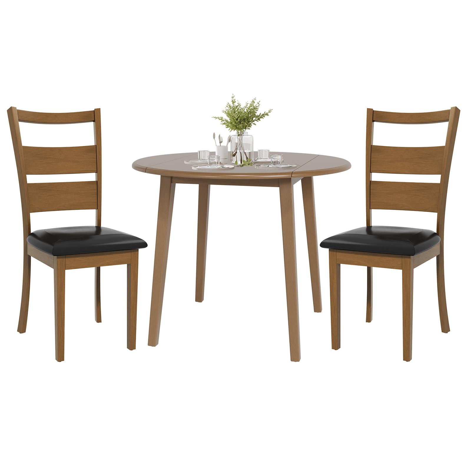 35.8" Round Dining Table Set, Mid Century Expandable Folding Wooden Kitchen Table and Ladder High Back Chairs for Dining Room, Saving Space (1 Table with 2 Chairs), Lightbrown + BrownBlack