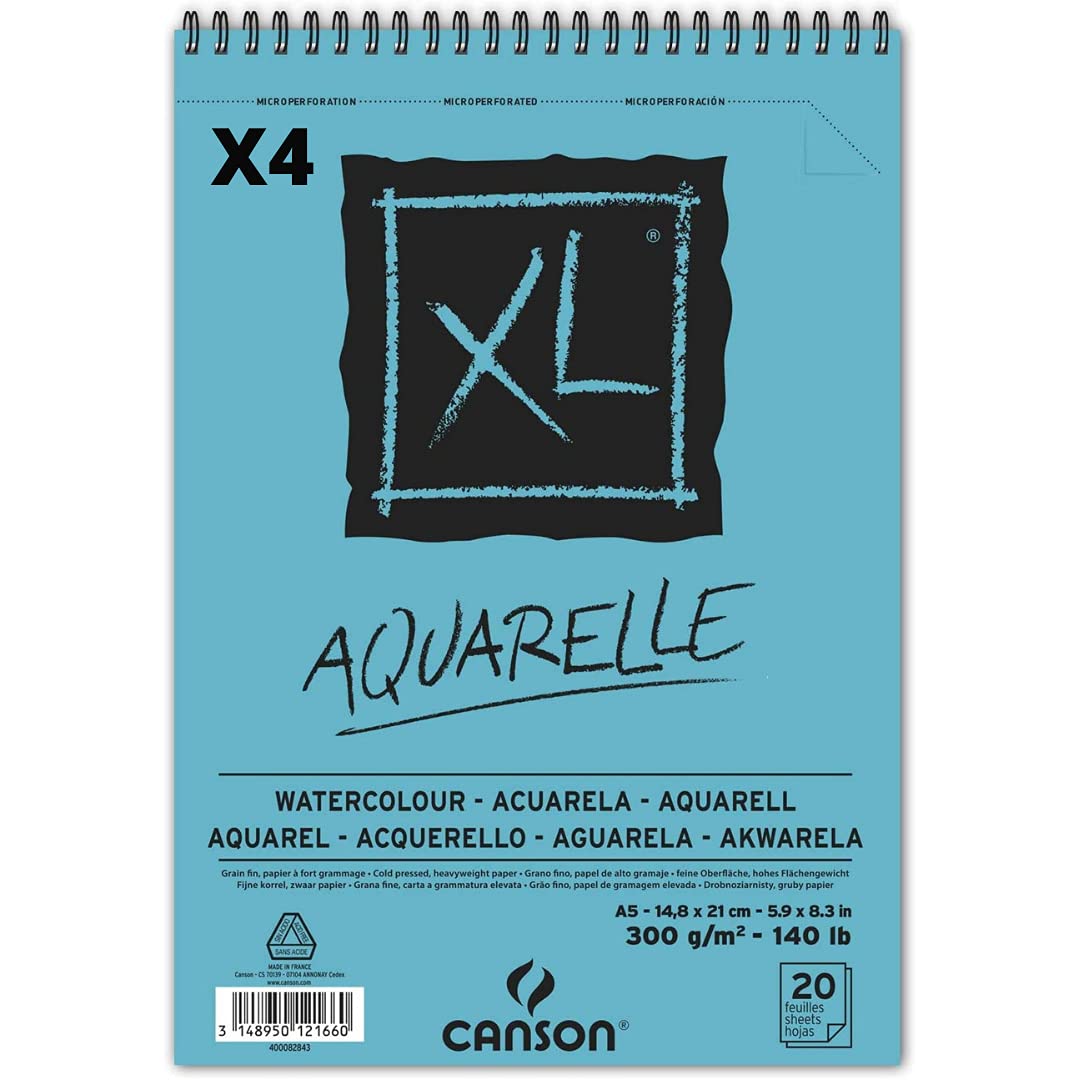 Pack 4 – Canson XL Aquarelle, Micro-Perforated Spiral Album, A5, 20 Sheets, Fine Grain 300 g