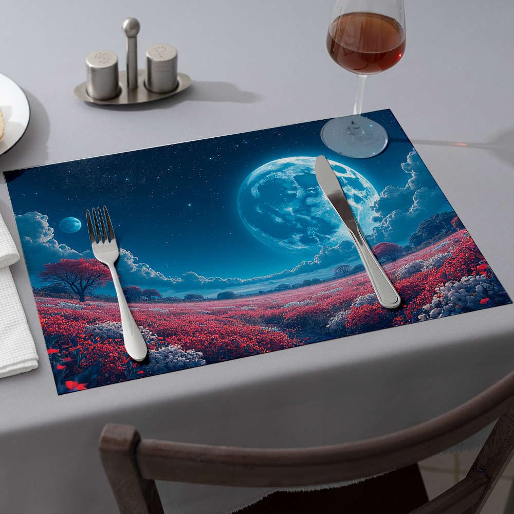 Set de table de Pâques fleurs rouges paysage surréaliste nappe x6