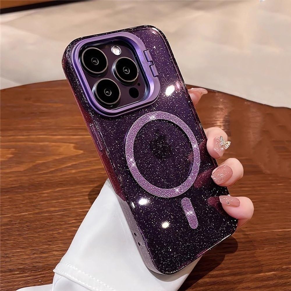 Luksusowy przezroczysty magnetyczny uchwyt na telefon z brokatem Flash do iPhone'a 11 12 13 15 16 Pro Max Plus, fioletowy, do iPhone'a 16 Plus