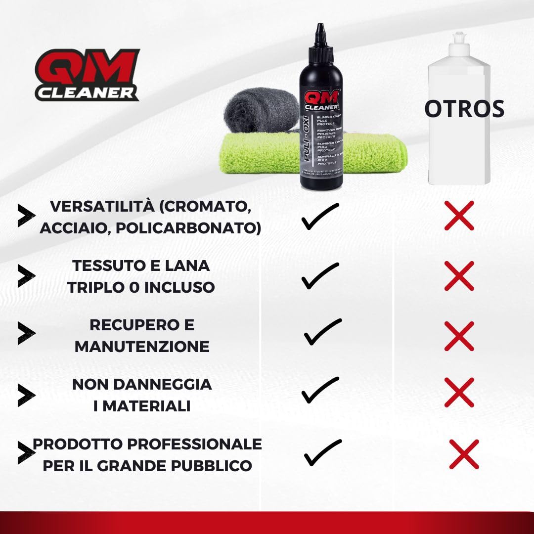 QM Cleaner Kit Puli-Oxi | Lucidante per metalli, smacchiatore di ruggine e detergente per cromature - Include anche lana d'acciaio 000 + panno in microfibra