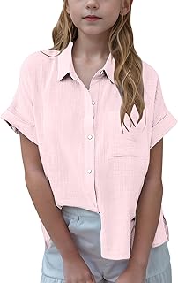 Camisa Lino Niña,Algodón y Lino Camisetas Manga Corta para Niños y Niñas Cuello Solapa Camiseta Verano con Bolsillo Color Sólido Camiseta con Botones para Uso Diario Ligero Cómodo Ropa Niño 3-14 Años