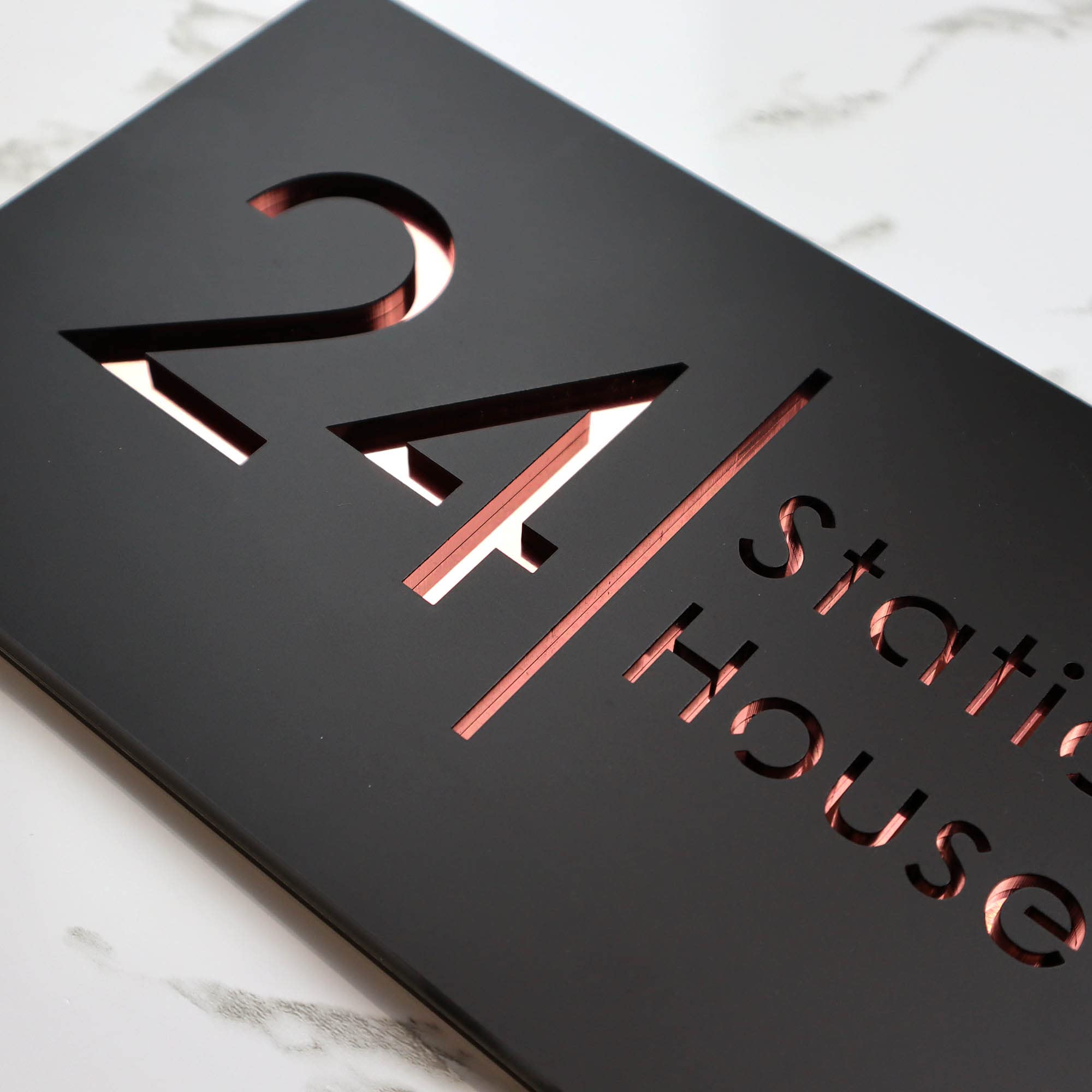 K Smart Sign | Bellissima H2 | Rose Gold Mirror | 300mm x 160mm | 3d Laser Cut Contemporary house sign door number personalised plaques address signs (Matt Black & Rose Gold)