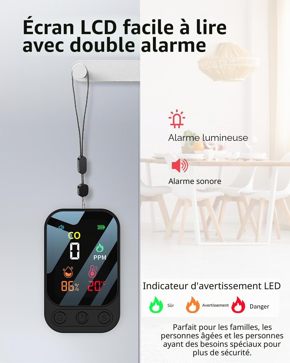 Détecteur de monoxyde de carbone portable 3 en 1, détecteur de monoxyde de carbone rechargeable avec affichage de la température et de l'humidité, portable pour la maison, la caravane, le
