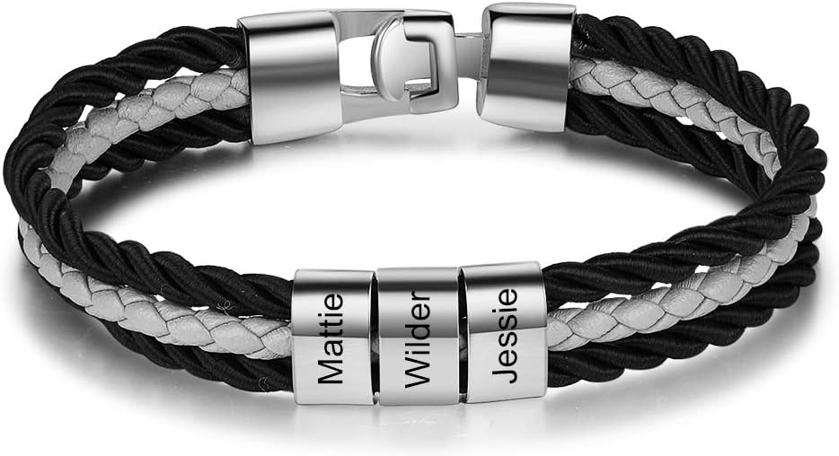 Personalized Unique Father's Day Gifts Men Braid Bracelet with 1-3 names,Custom The Names Leather Bracelet for Dad/Grandapa,Father's Day Gifts form Daughter&Wife,Silver/Golden Bracelet