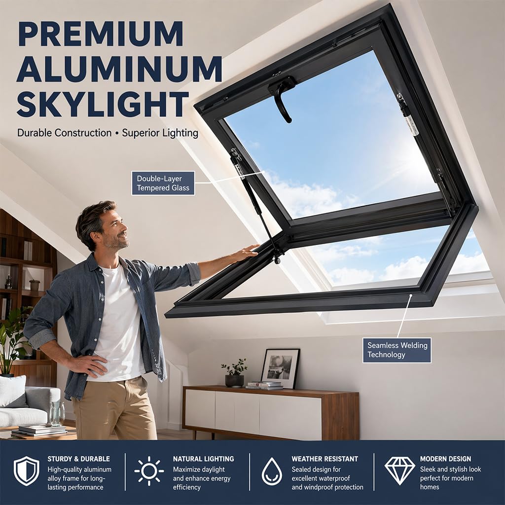 Ventana de loft de vidrio templado de doble capa con ventilación manual para ático dormitorio, estudio, escotilla de techo de aluminio con aislamiento térmico acústico (largo x ancho 70 x 55 cm)