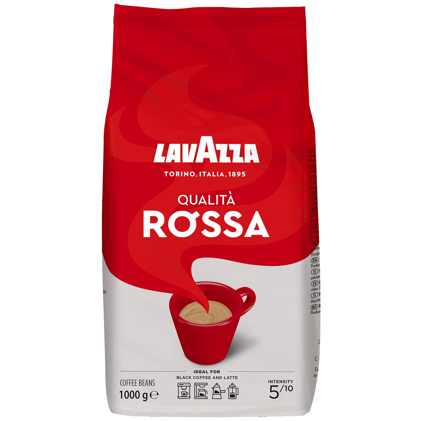 Lavazza, Qualità Rossa, Coffee Beans, Arabica and Robusta, Intensity 5/10, Medium Roasting, 1 Kg