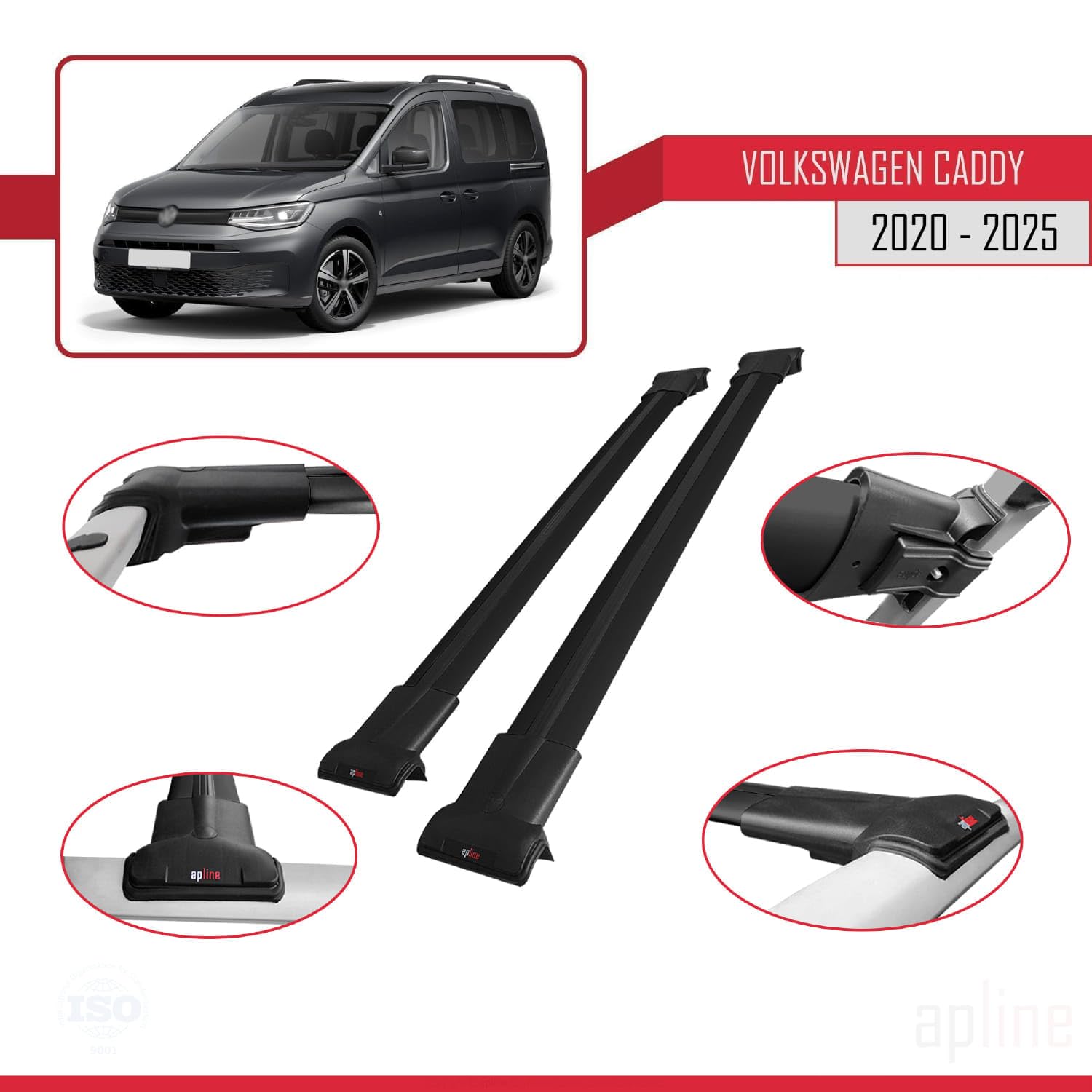 Barre Portatutto Per Tetto Volkswagen Caddy 4 (2020-2025): 2 Barre In Alluminio Nero, Capacità 75 Kg In Marcia, Facile Montaggio