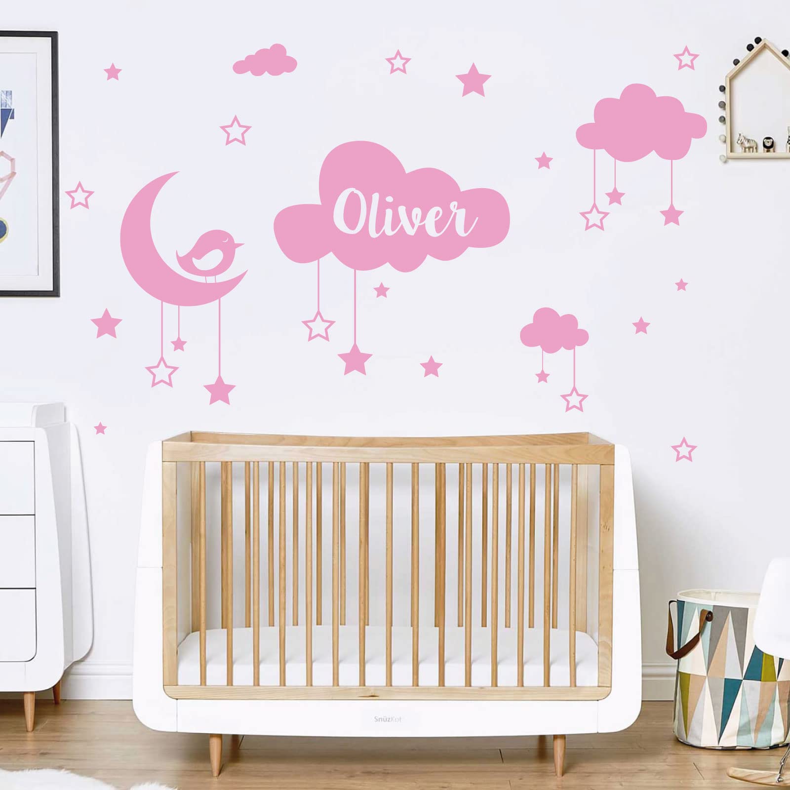 Personalised Name Baby Wall Sticker - Clouds, Stars, Moon & Bird [Large] [Pink]