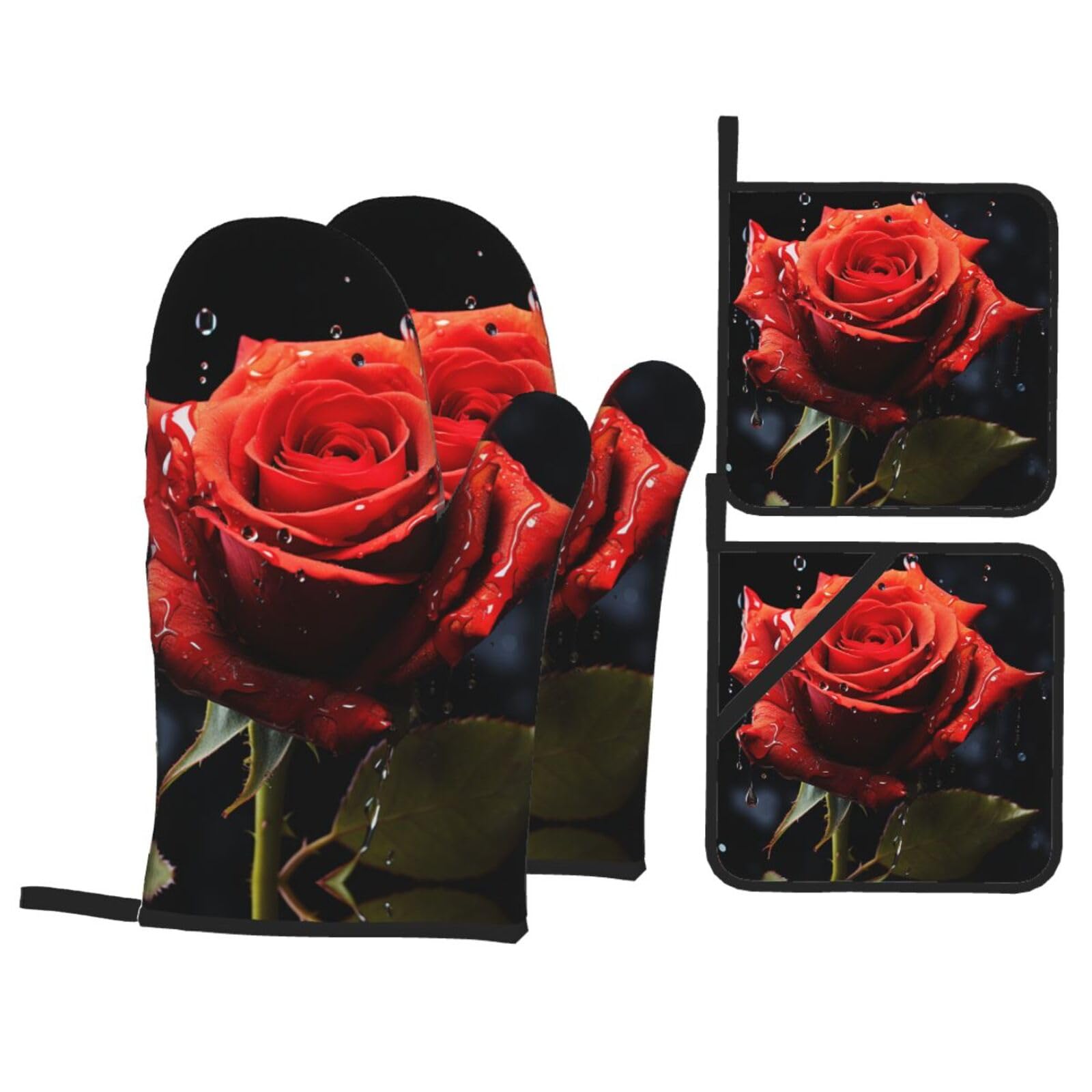 Gants de cuisine motif rose rouge en lot de 4, l'idée cadeau idéale pour les gourmands
