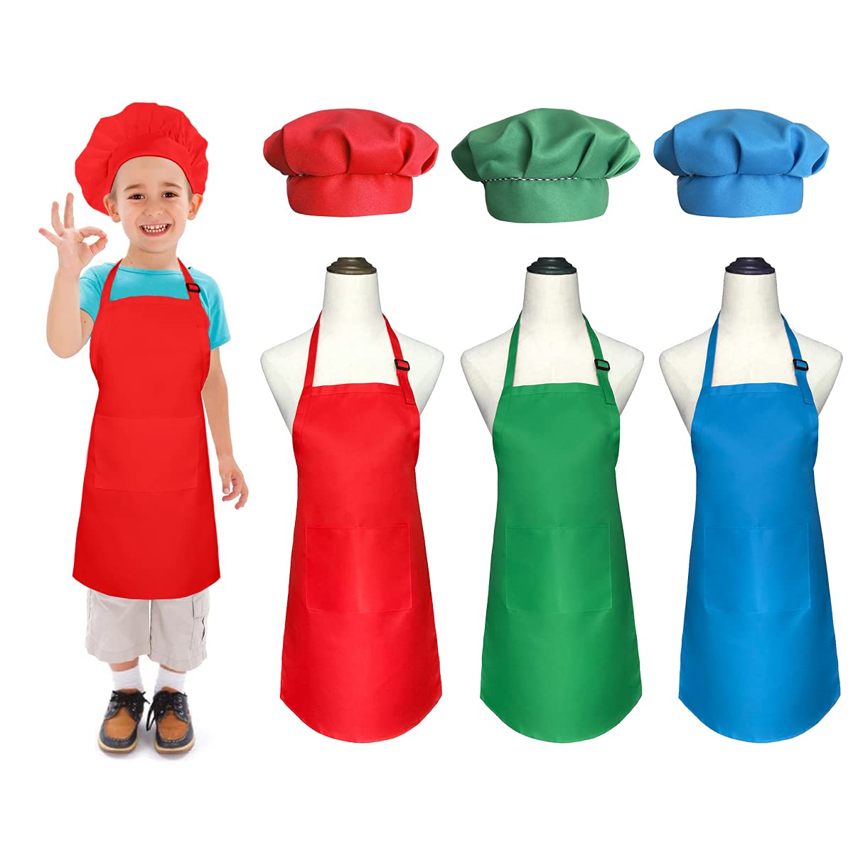 Kids Chef Hat and Apron Set for Cooking Painting, Adjustable Child Kids Apron for Girls Boys