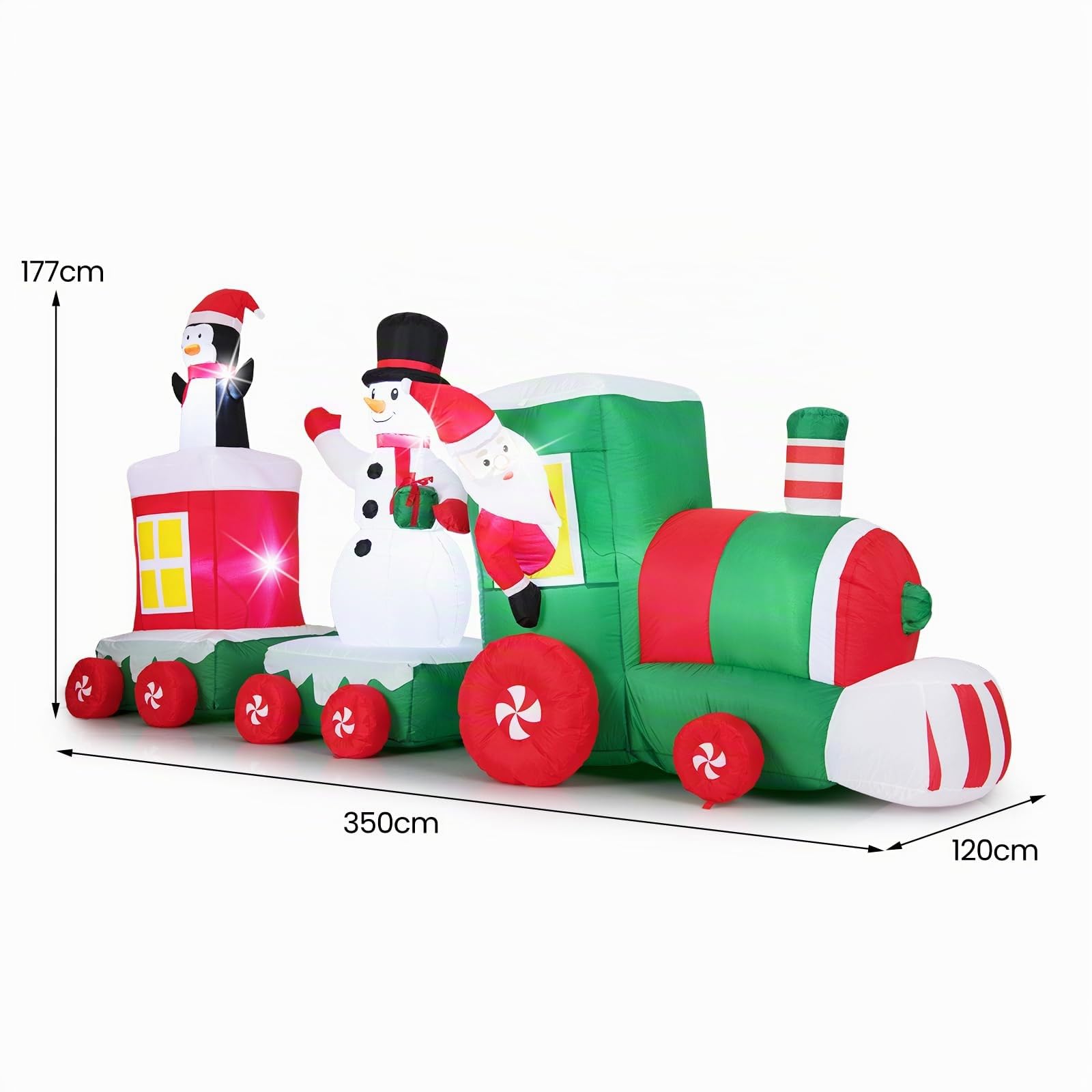GOPLUS 3,5m aufblasbarer Weihnachtszug, Weihnachtsmann im Zug mit Schneemann und Pinguin, beleuchtete Weihnachtsdekoration XXL mit LED-Lichtern, Gebläse und Sandsäcken, für Innen und Außen