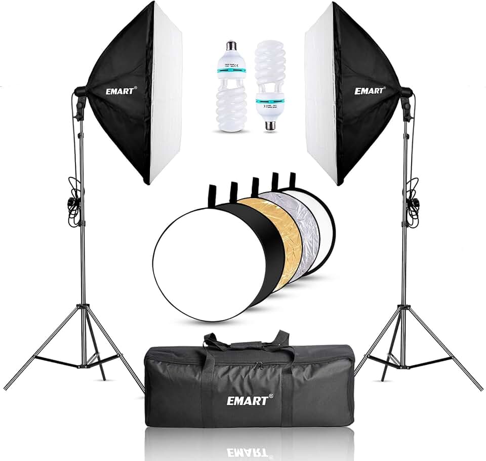 EMART Softbox Lighting Kit with Reflector, 24"x24" 1000W Photography Soft Box Continuous Lighting Set with Photo Studio Bulbs, Professional Camera Light Equipment for Video Recording, Filming