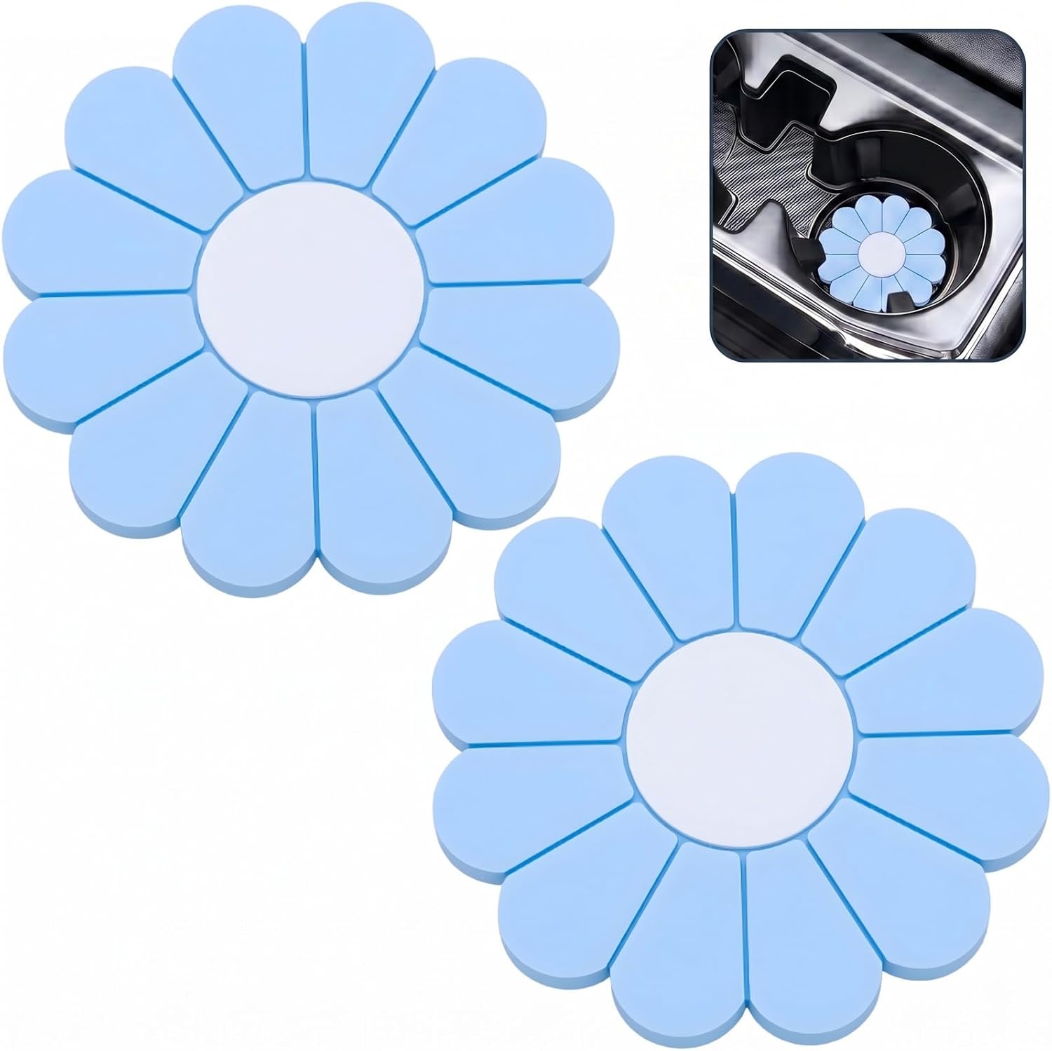 2 PCS Car Cup Holder Coaster Inserts, Daisy Shape 2.75 Inch Non-Slip Silicone Cup Holder Insert Mat, Universal Non-Slip Waterproof Automotive Decor Beverage Pad for Most Cars (Light Blue)