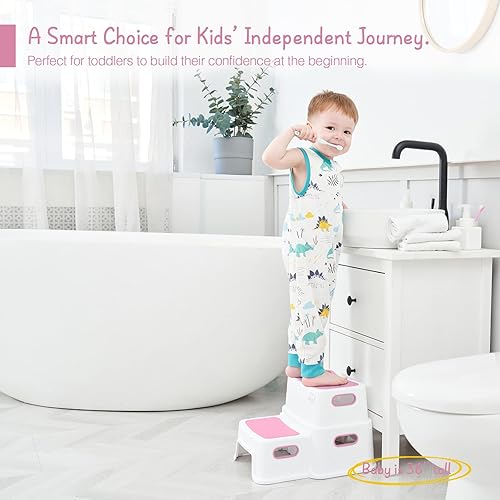Miniatura 2 de Taburete rosa para inodoro, taburete de dos escalones para baño de niños con asa para entrenamiento de orinal, taburete de plástico pequeño y