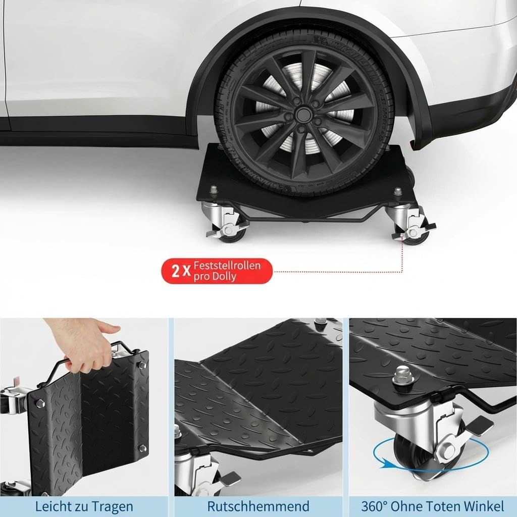 Auto Rangierhilfe Rangierroller 2/4 Stück – Schwerlast Fahrzeugheber 1360 kg Tragfähigkeit Mit Bremsen Für Autos, LKWs, Anhänger & Motorräder – Rot/Schwarz