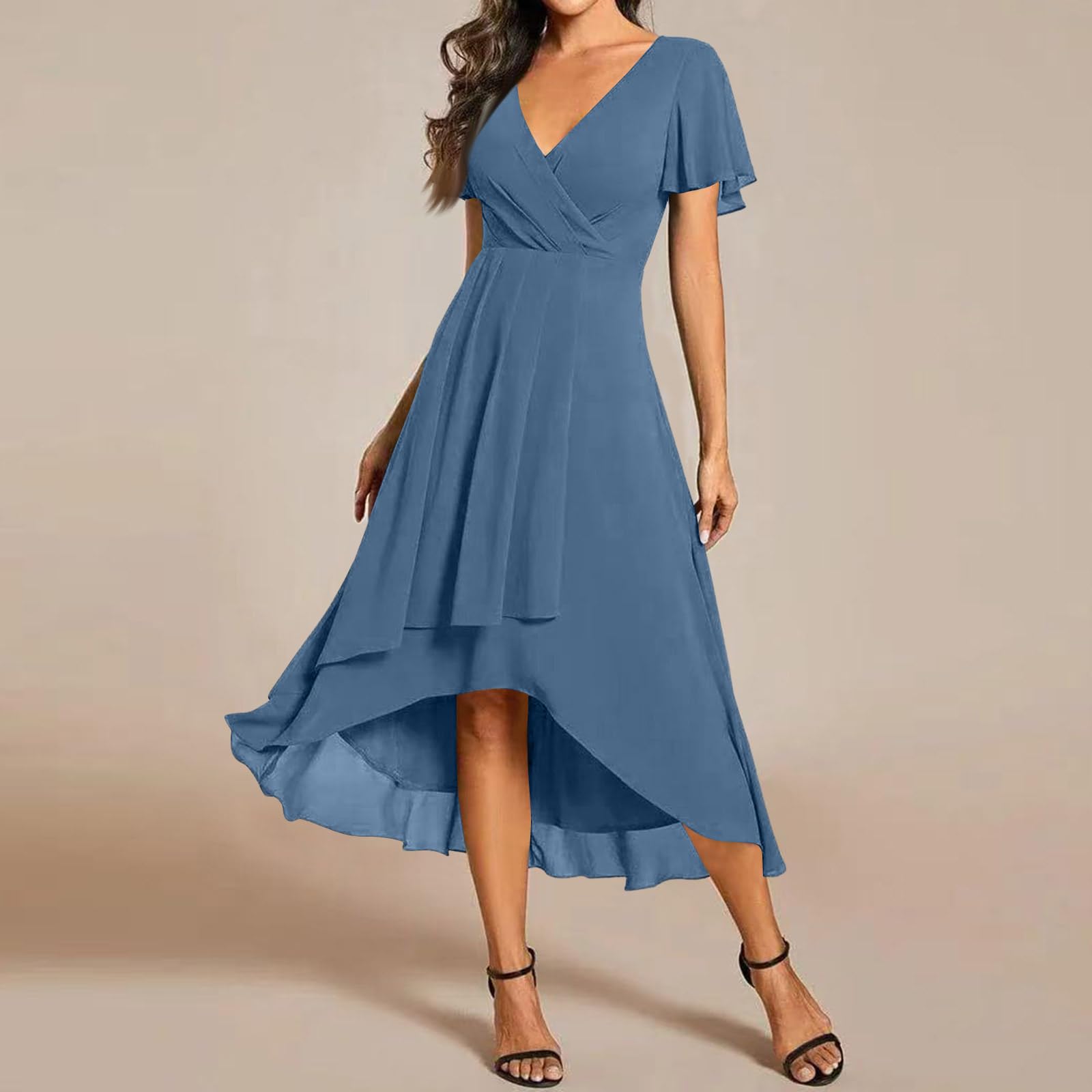 Kleid Hochzeitsgast Damen A-Linie Vorne Kurz Hinten Lang Chiffon Abendkleider Elegant Für Hochzeit Cocktailkleid Plissee Kurzarm Kleider Festlich Party Chiffonkleid Leicht Sommerkleid Luftig