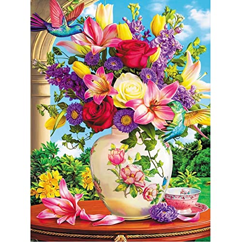 MXJSUA Diamond Painting Kits for Adults, Roses Lilies Vase Round Full Drill Diamond Art Kits DIY Diamond Painting by Number Kits Diamond Spring Gem Beads Art Kits for Home Wall Decor 12x16 Inch