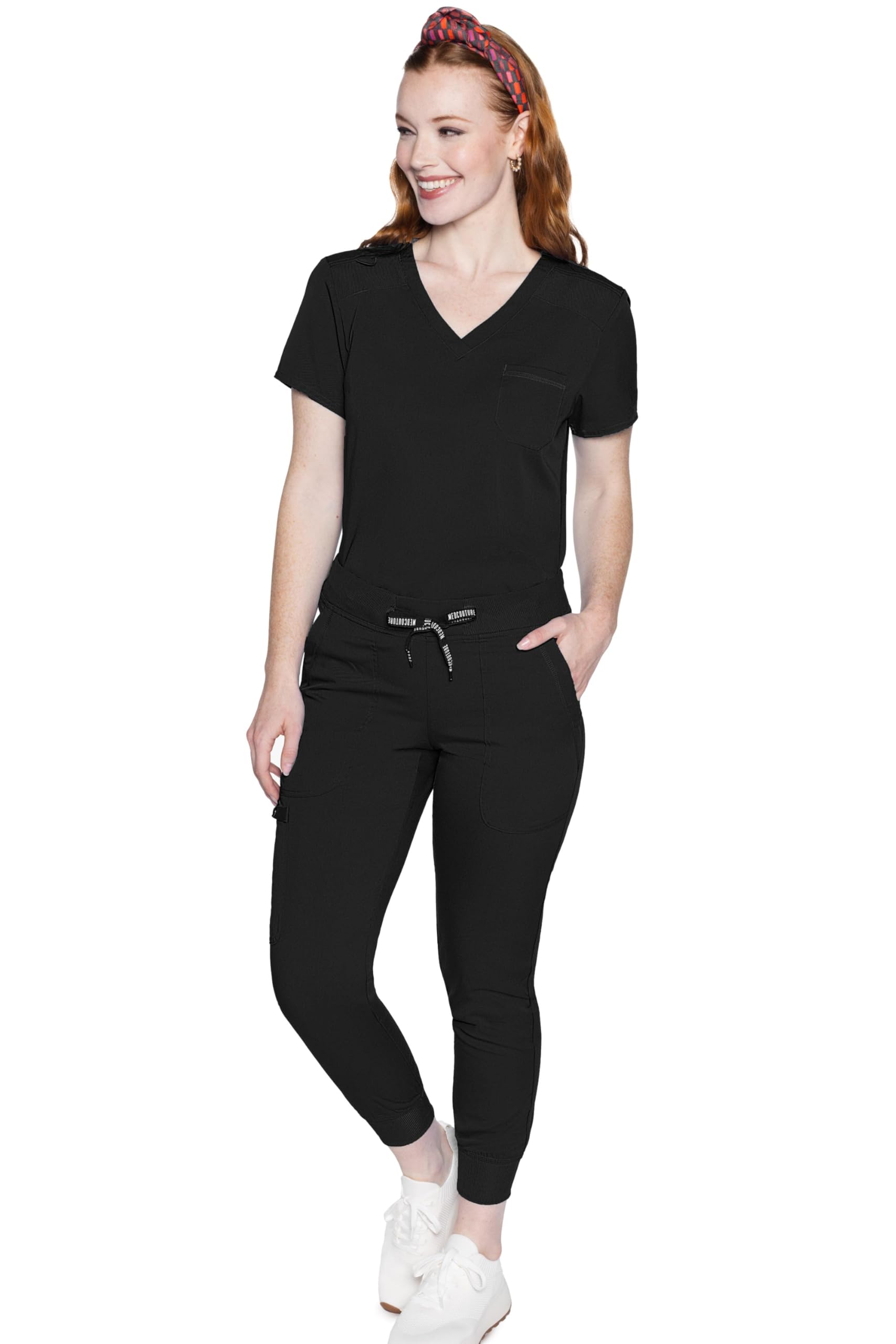 Med Couture Conjunto de uniforme médico para mujer con cuello en V MC7448 y pantalones elásticos en 2 direcciones 7710, color negro, camiseta 2XL / pantalón 2XL