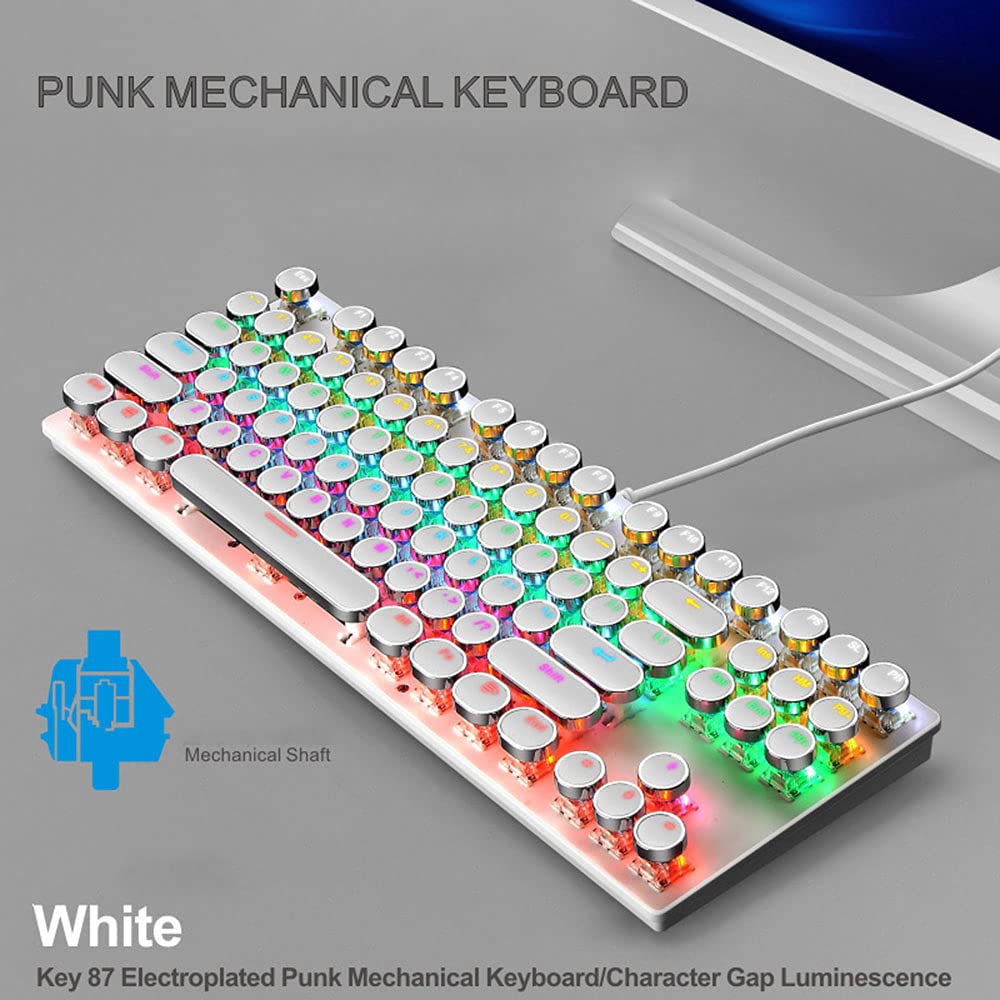 Mechanische Gaming-Tastatur, 87 Tasten, Retro-/Punk-Schreibmaschine, blauer Schalter, Regenbogen-Hintergrundbeleuchtung, Anti-Ghosting, USB-Kabel, für PC, Desktop-Computer, für Spiel und Büro (weiß)