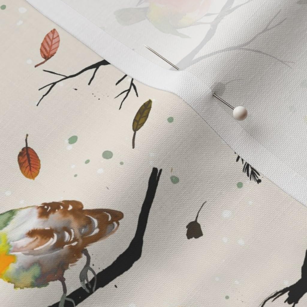 Spoonflower Fabric - Bird Branches Autumn Beige Cute Birds Woodland Animals Winter Printed on Petal Signature Cotton Fabric by The Yard - Sewing Quilting Apparel Crafts Decor